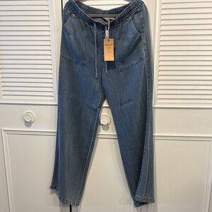 Elastic Waist Wide-leg Flowy Medium Blue Denim Jeans